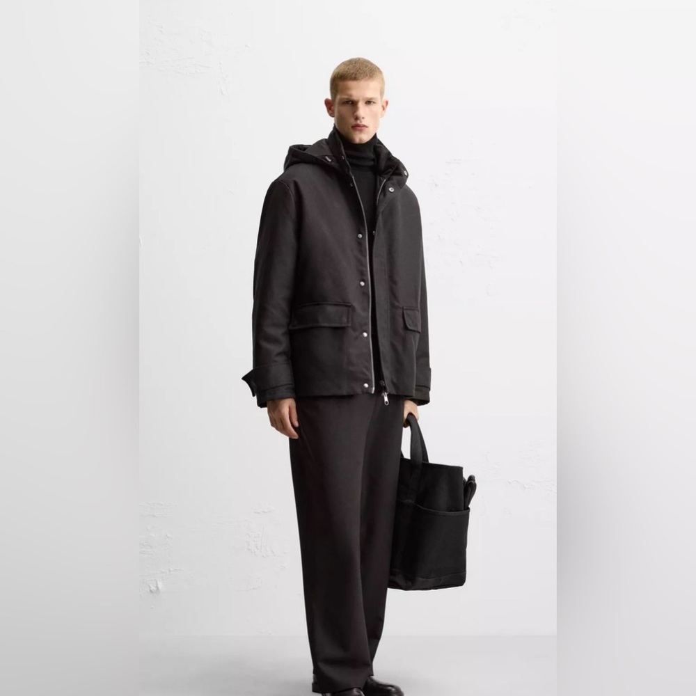 Zara New Men’s Padded Hooded Parka Black Sz Large - Picture 5 of 14